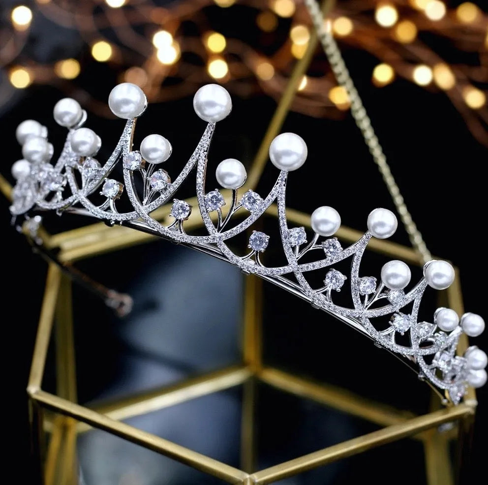 Irene' Silver Pearl and Cubic Zirconia Wedding Tiara | ADORA by Simona