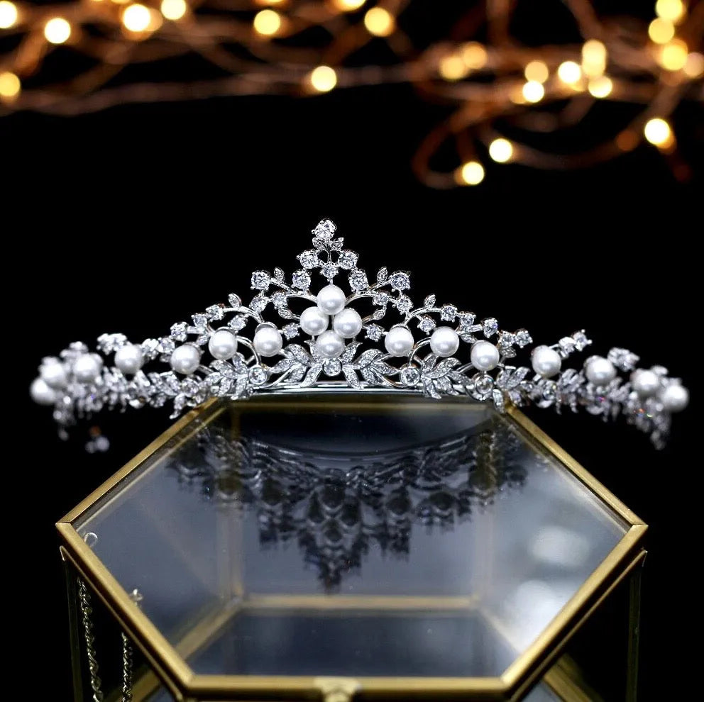 Wedding Hair Accessories - Silver Pearl and Cubic Zirconia Tiara