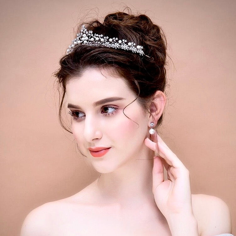 Louise - Silver Pearl and Cubic Zirconia Bridal Tiara