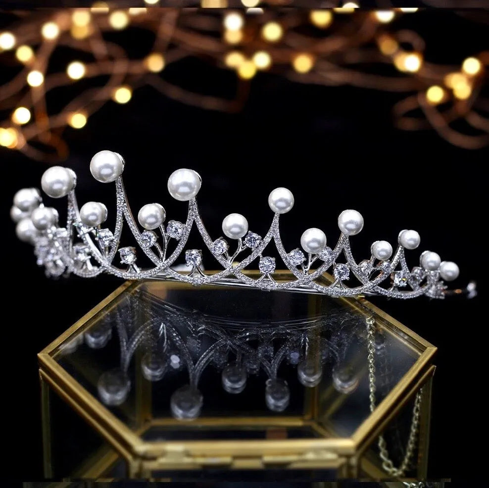 Irene' Silver Pearl and Cubic Zirconia Wedding Tiara | ADORA by Simona
