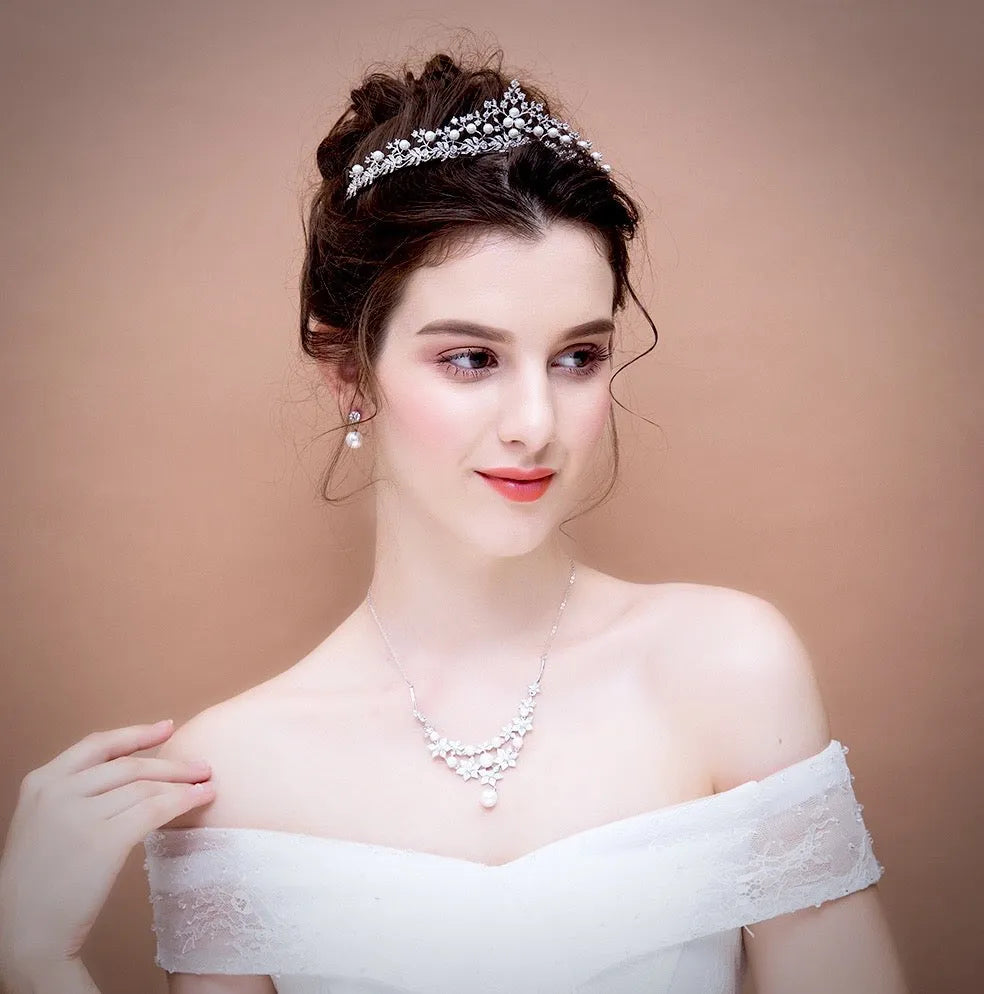Wedding Hair Accessories - Silver Pearl and Cubic Zirconia Tiara
