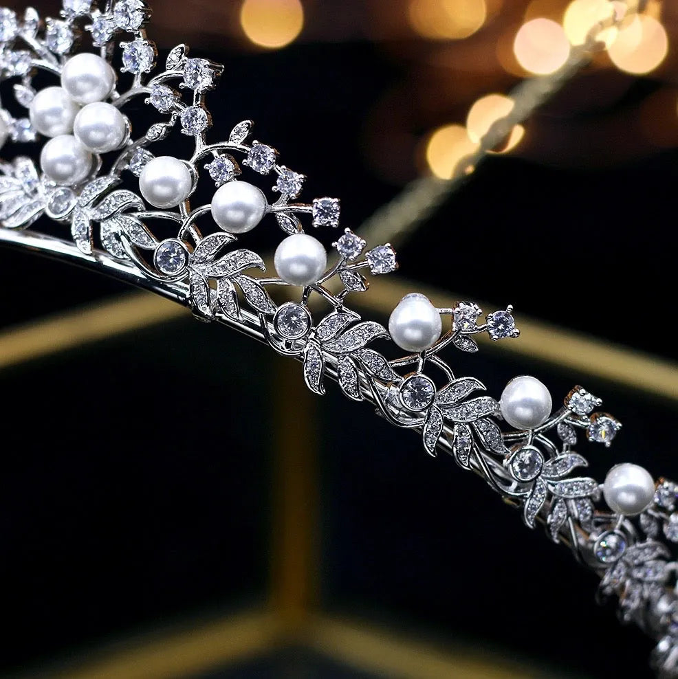 Wedding Hair Accessories - Silver Pearl and Cubic Zirconia Tiara