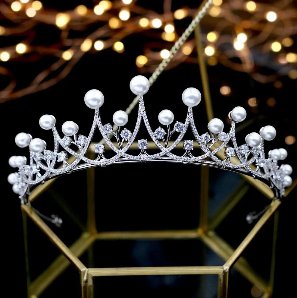 Wedding Hair Accessories - Silver Pearl and Cubic Zirconia Tiara