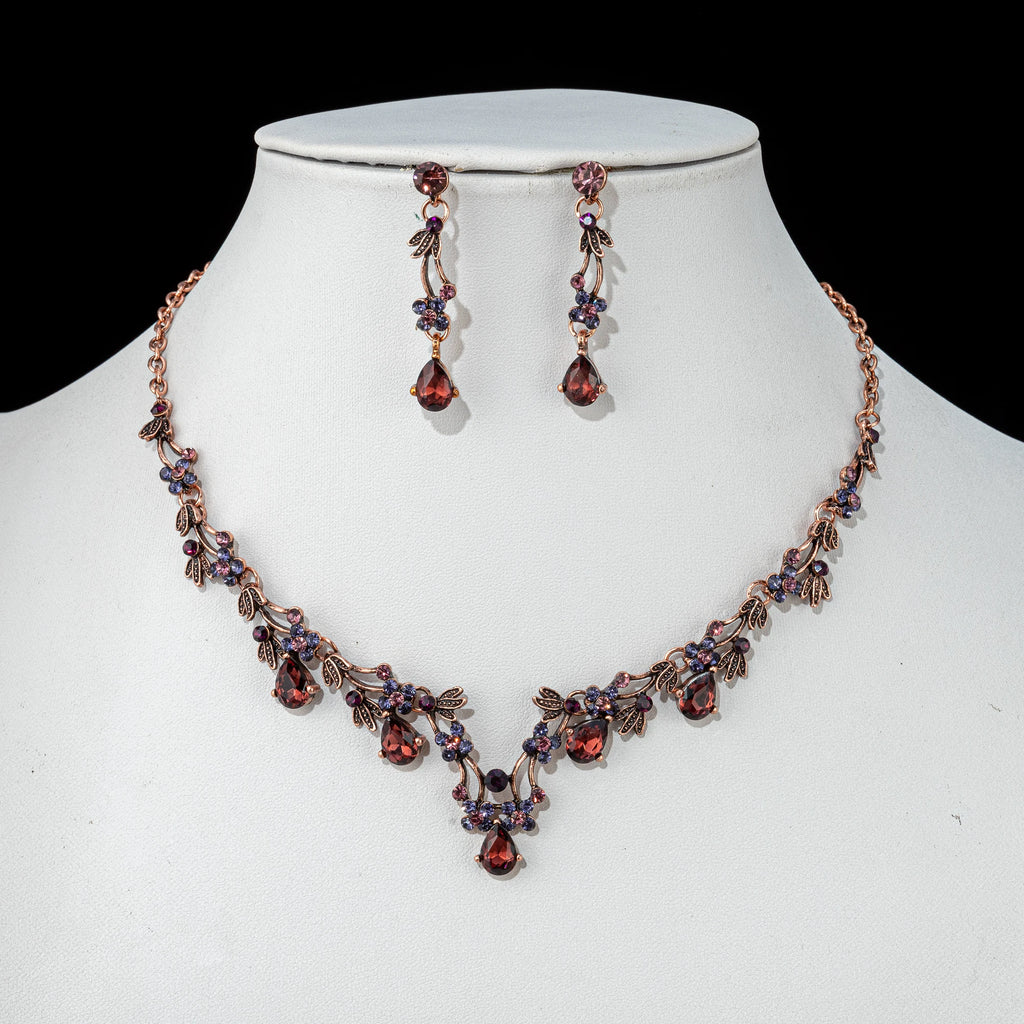 Burgundy Wedding Jewelry Set with Tiara – 3 Piece Set 'Elowen'