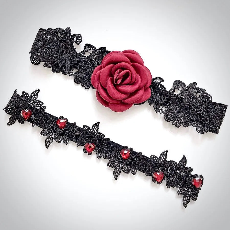 Bridal Accessories - Black and Burgundy Gothic Bridal Garter Set