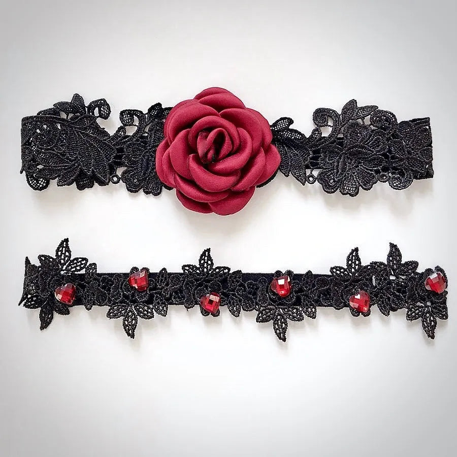 Bridal Accessories - Black and Burgundy Gothic Bridal Garter Set