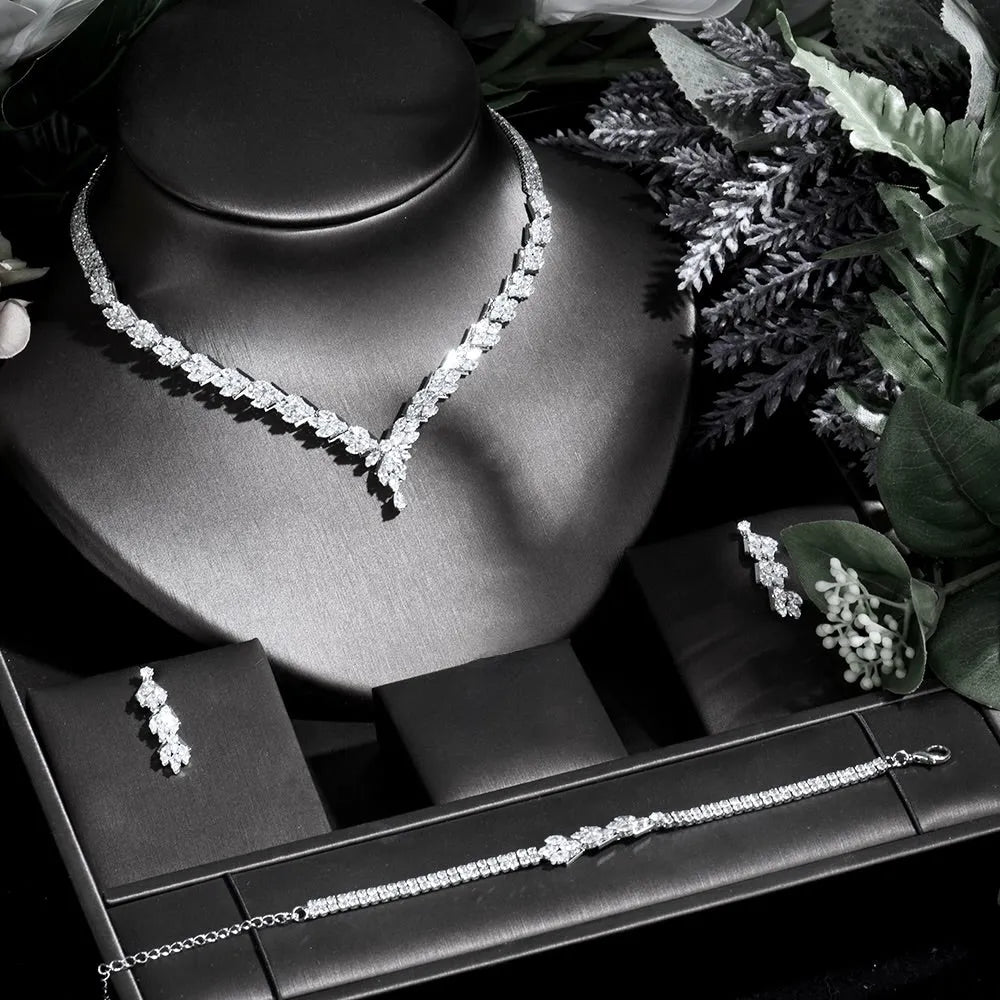 Wedding Jewelry - Silver Cubic Zirconia Bridal Three-Piece Jewelry Set