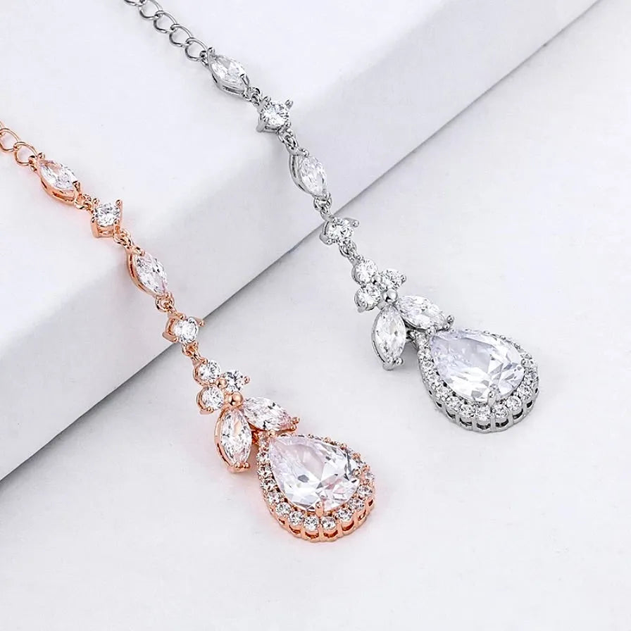 Wedding Jewelry - Cubic Zirconia Bridal Backdrop Necklace and Earrings Set