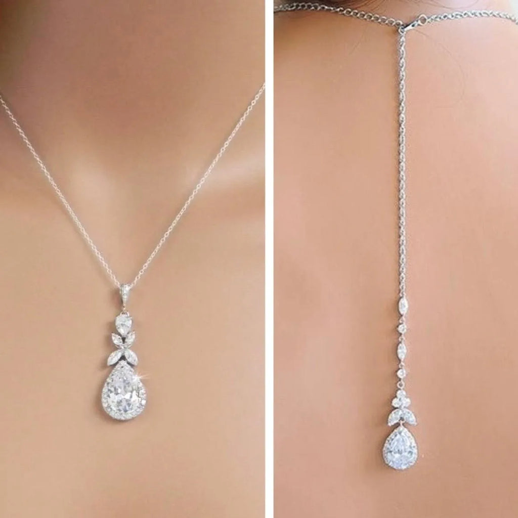 Wedding Jewelry - Cubic Zirconia Bridal Backdrop Necklace and Earrings Set