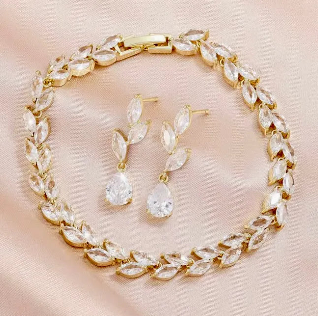 Bridal Jewelry Sets - Cubic Zirconia Bridal Bracelet and Earrings Set - Available in Silver, Rose Gold and Yellow Gold