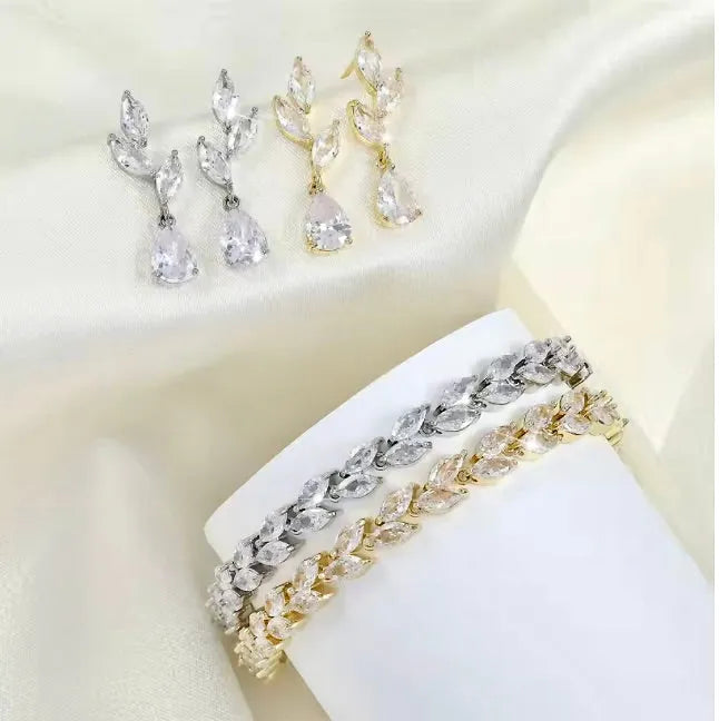 Bridal Jewelry Sets - Cubic Zirconia Bridal Bracelet and Earrings Set - Available in Silver, Rose Gold and Yellow Gold