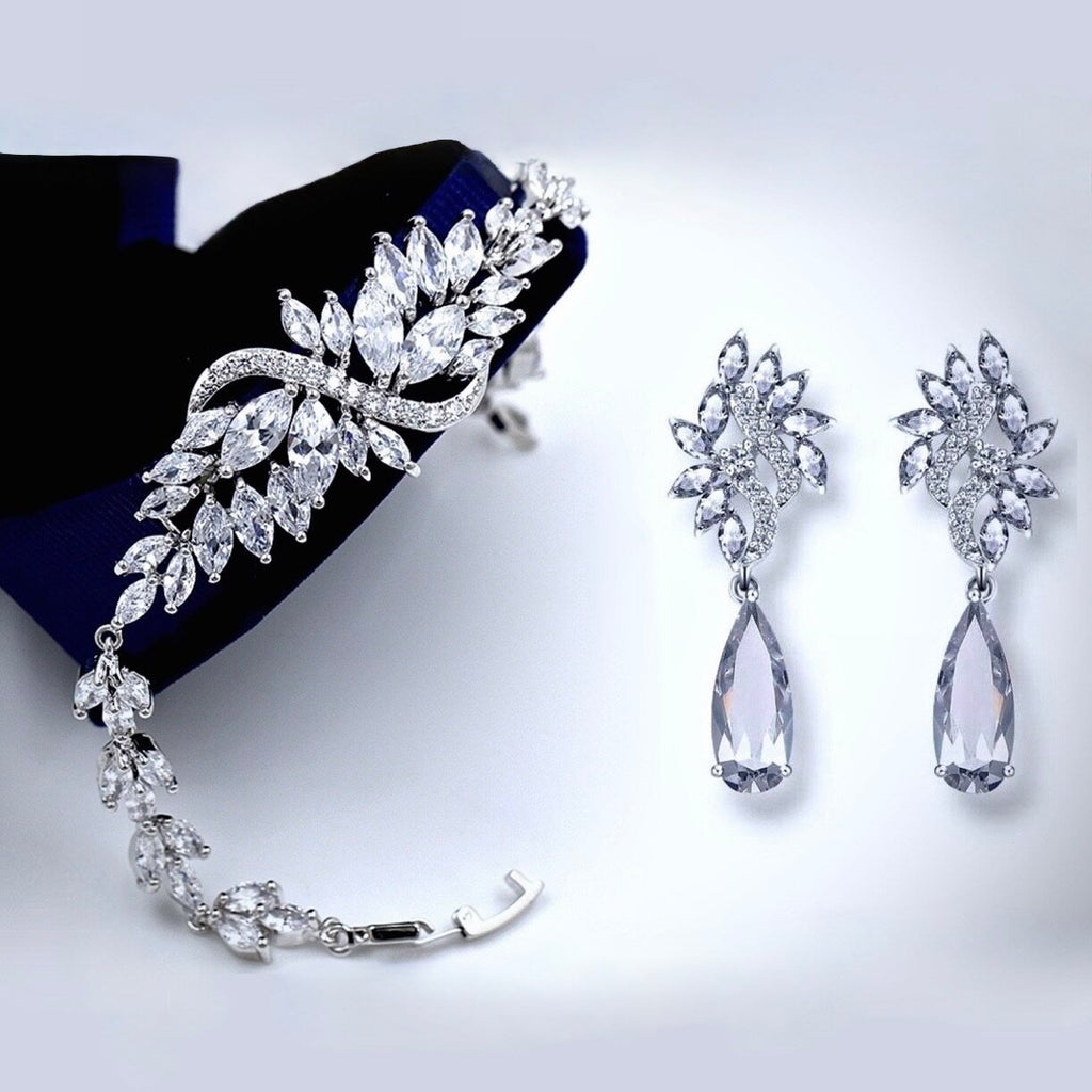 Wedding Jewelry - Cubic Zirconia Bridal Bracelet and Earrings Set