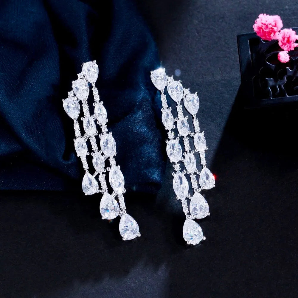 Wedding Jewelry - Silver Cubic Zirconia Bridal Earrings