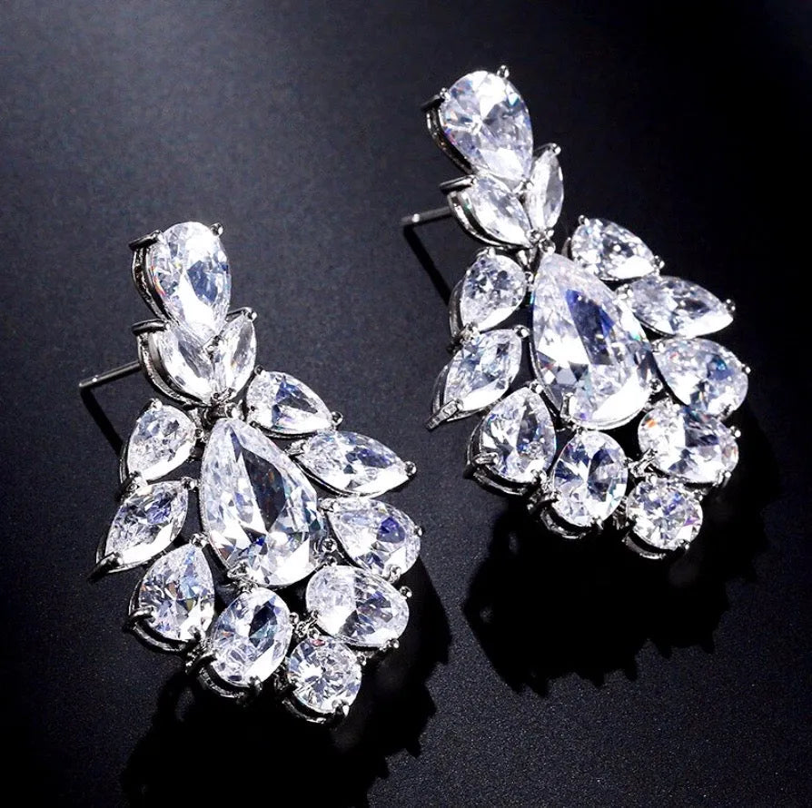 Wedding Jewelry - Silver Cubic Zirconia Bridal Earrings