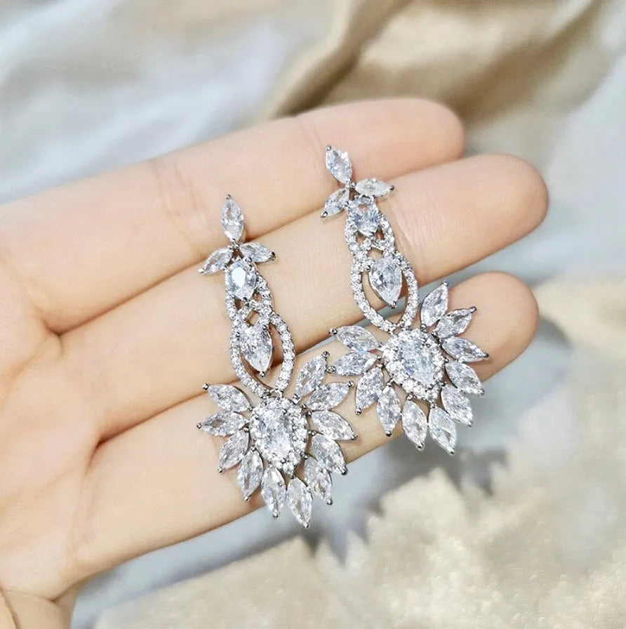 Wedding Jewelry - Silver Cubic Zirconia Bridal Earrings