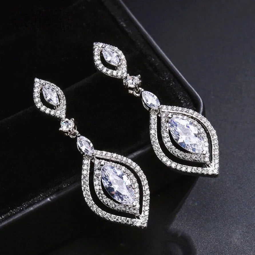 Wedding Jewelry - Silver Cubic Zirconia Bridal Earrings