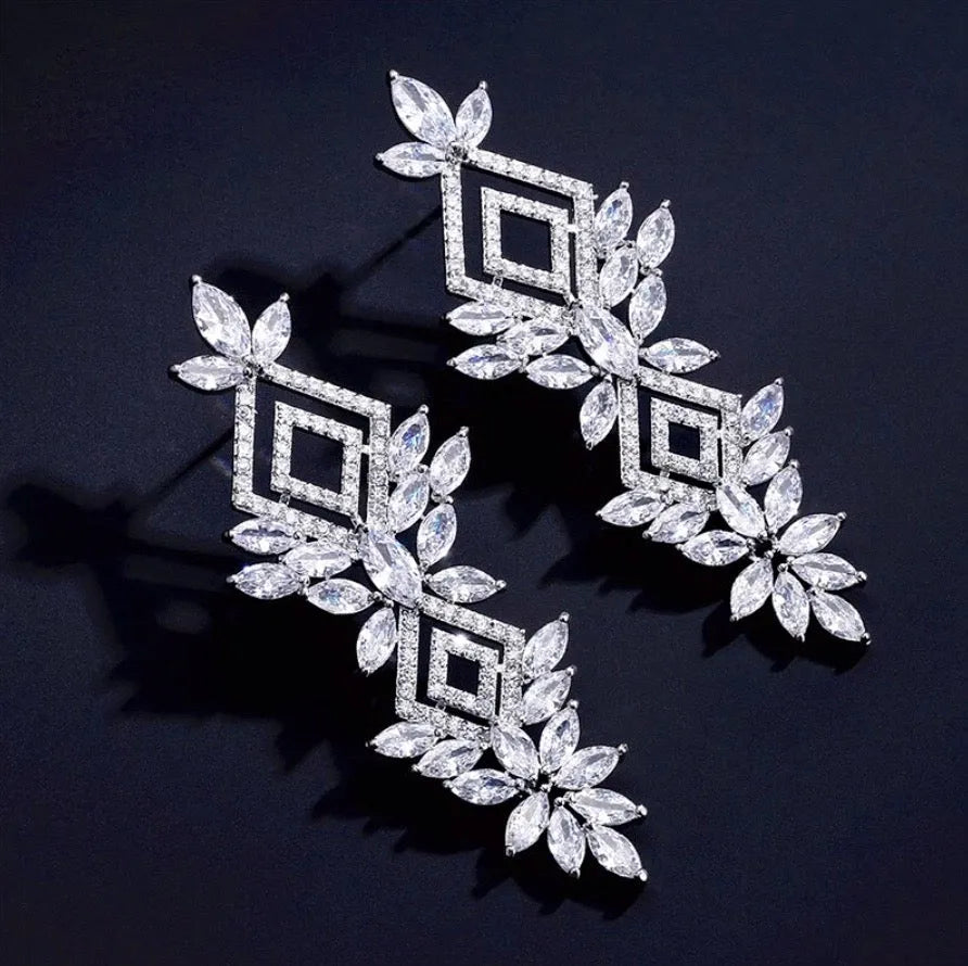 Wedding Jewelry - Silver Cubic Zirconia Bridal Earrings