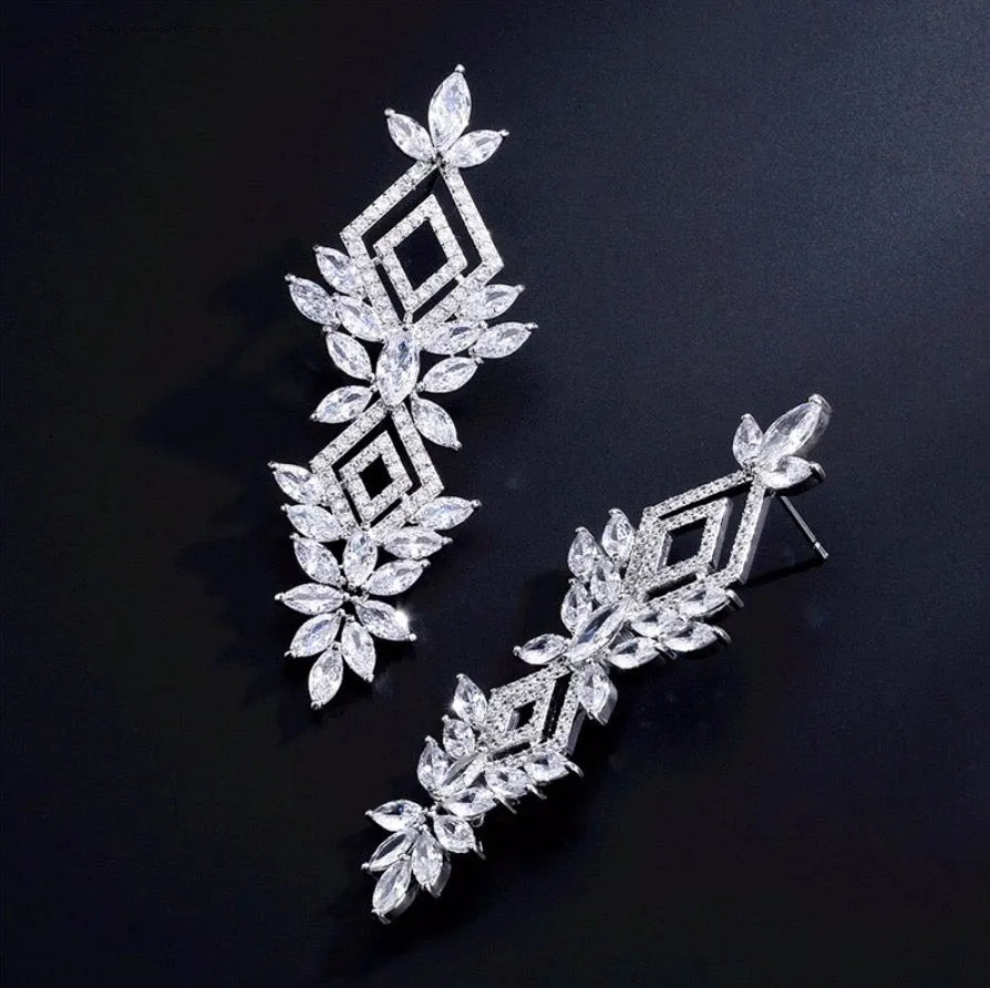 Wedding Jewelry - Silver Cubic Zirconia Bridal Earrings