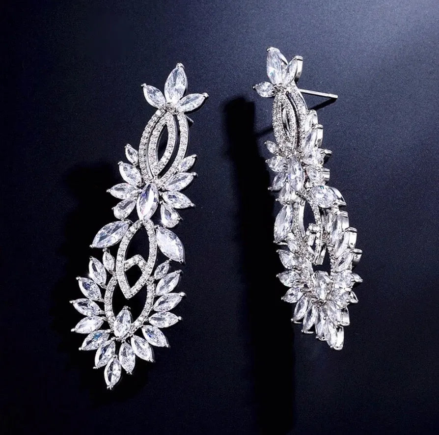 Wedding Jewelry - Silver Cubic Zirconia Bridal Earrings