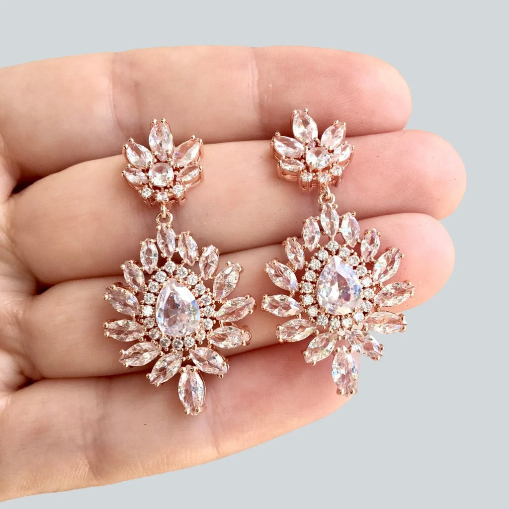 Wedding Jewelry - Cubic Zirconia Bridal Drop Earrings - Available in Rose Gold and Silver