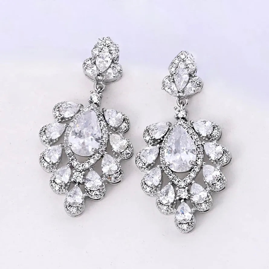 Wedding Jewelry - Silver Cubic Zirconia Bridal Earrings