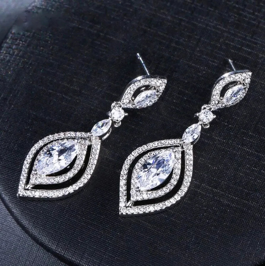 Wedding Jewelry - Silver Cubic Zirconia Bridal Earrings