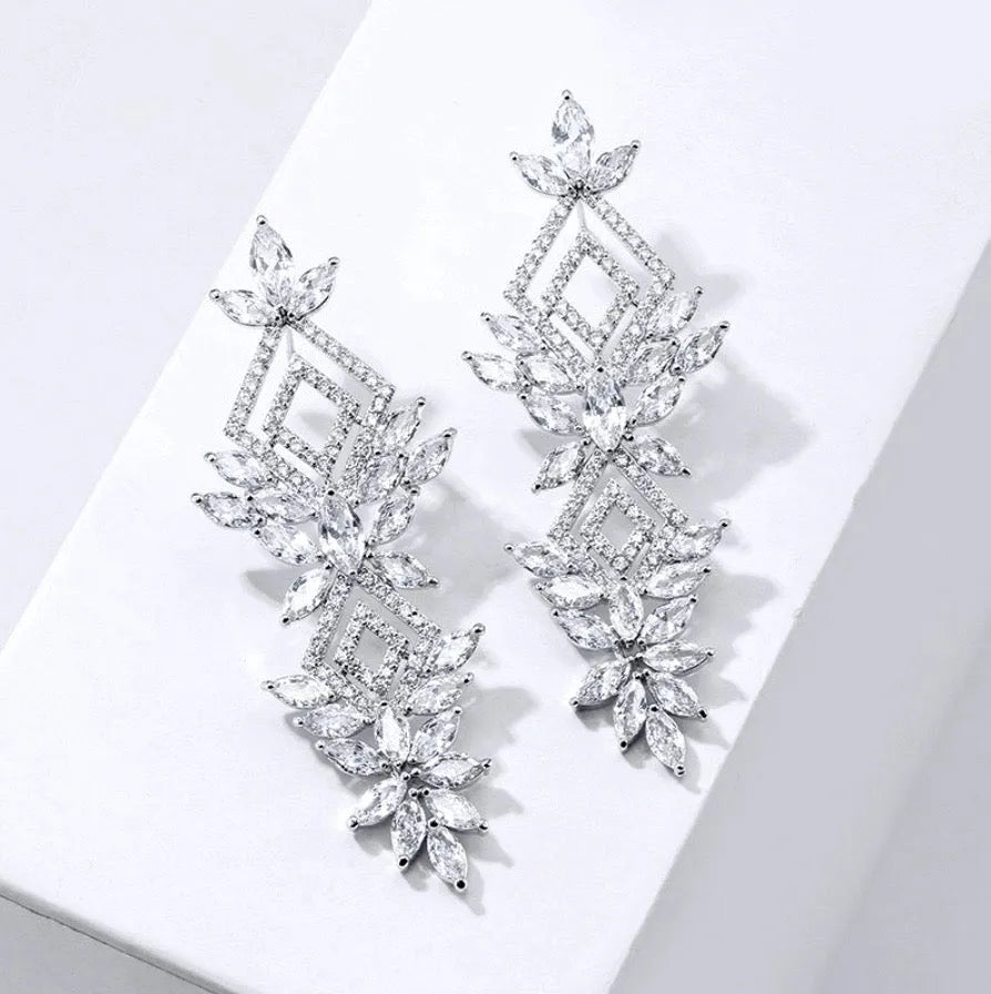 Wedding Jewelry - Silver Cubic Zirconia Bridal Earrings