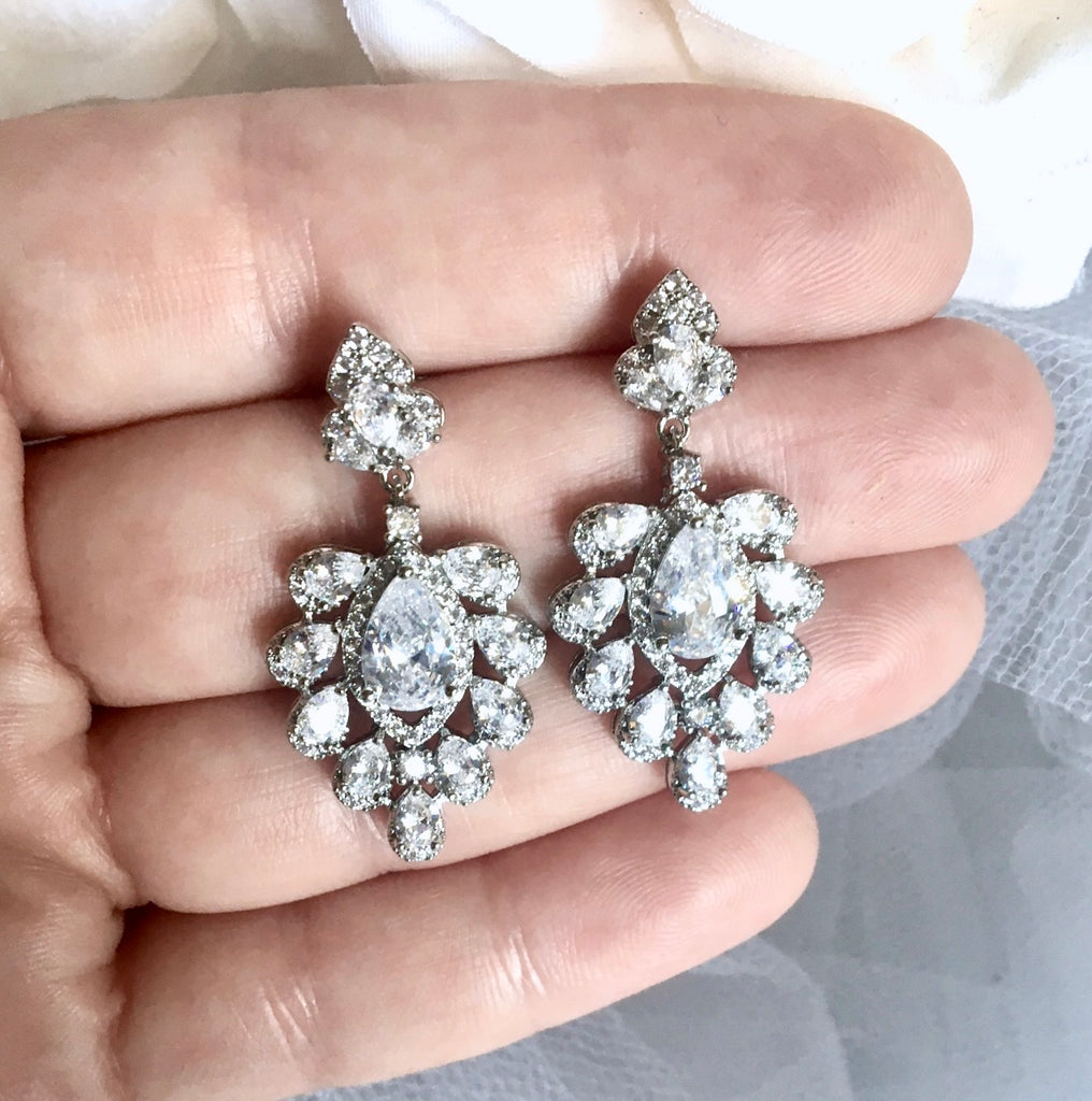 Wedding Jewelry - Silver Cubic Zirconia Bridal Earrings