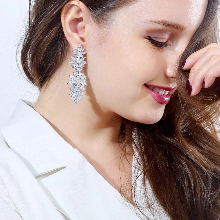 Wedding Jewelry - Silver Cubic Zirconia Bridal Earrings