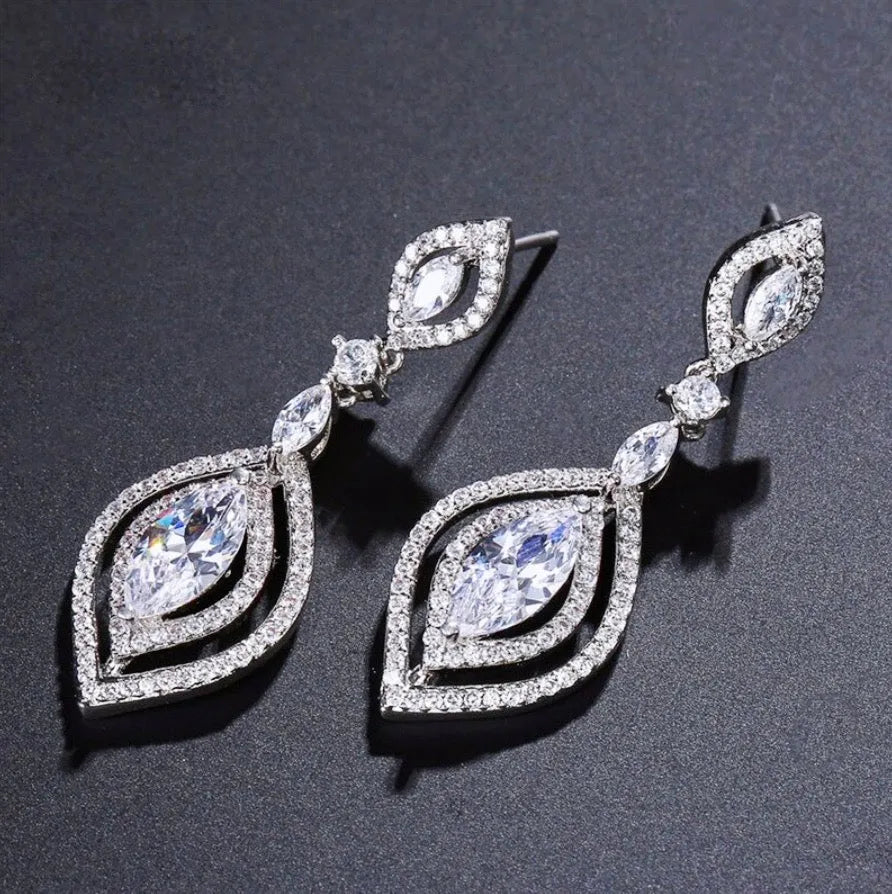 Wedding Jewelry - Silver Cubic Zirconia Bridal Earrings