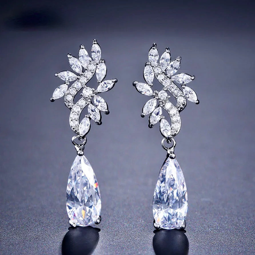 Wedding Jewelry - Silver Cubic Zirconia Bridal Earrings