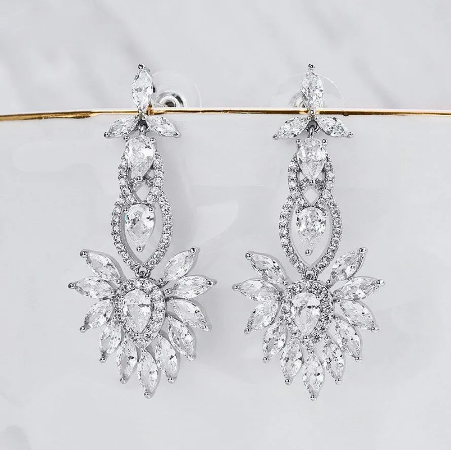 Wedding Jewelry - Silver Cubic Zirconia Bridal Earrings
