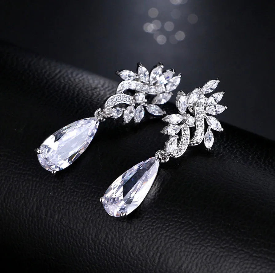 Wedding Jewelry - Silver Cubic Zirconia Bridal Earrings