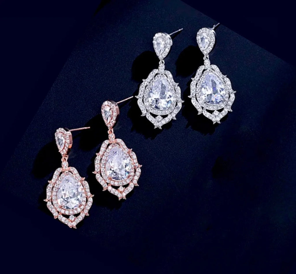 Wedding Jewelry - Cubic Zirconia Bridal Drop Earrings - Available in silver and Rose Gold