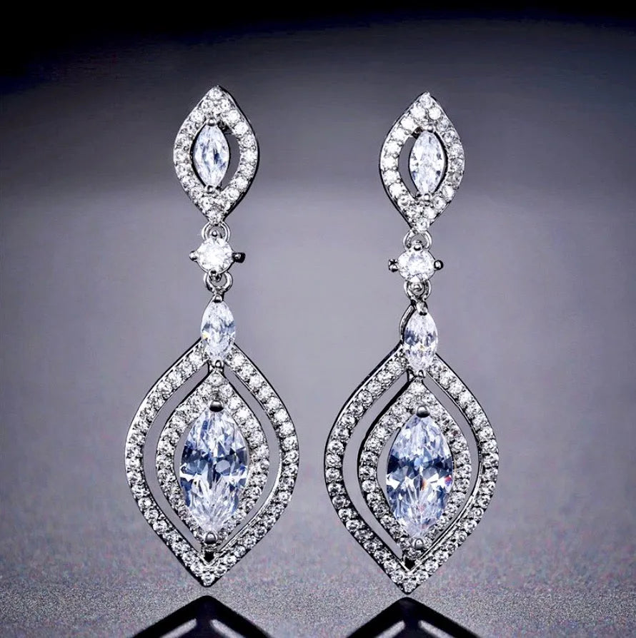 Wedding Jewelry - Silver Cubic Zirconia Bridal Earrings