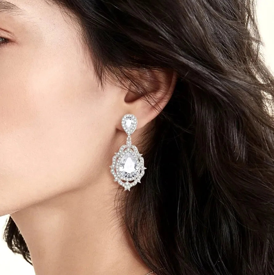 Wedding Jewelry - Cubic Zirconia Bridal Drop Earrings - Available in Silver and Rose Gold