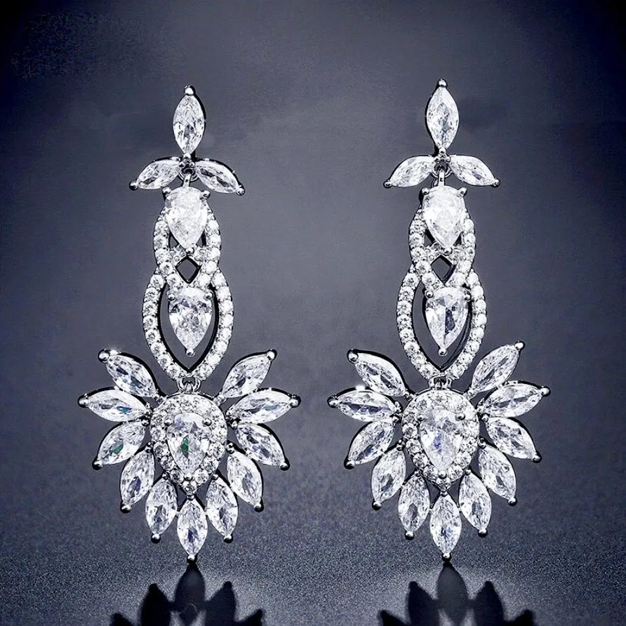 Wedding Jewelry - Silver Cubic Zirconia Bridal Earrings