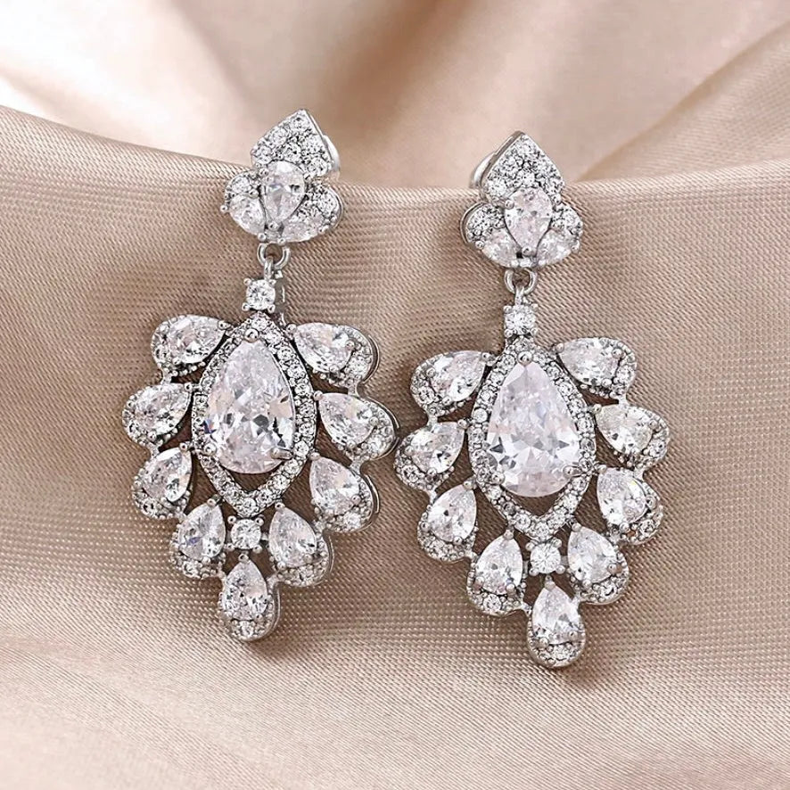 Wedding Jewelry - Silver Cubic Zirconia Bridal Earrings