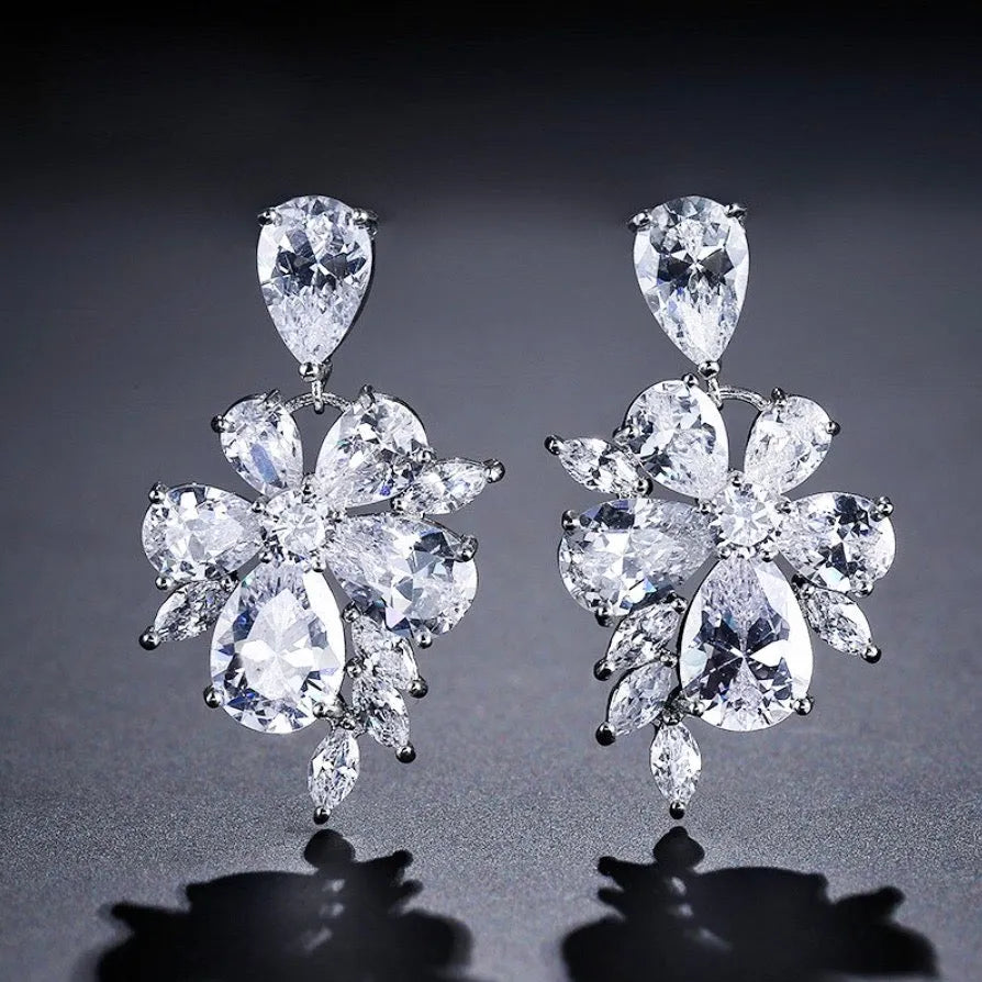 Wedding Jewelry - Silver Cubic Zirconia Bridal Earrings