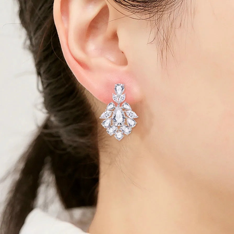 Wedding Jewelry - Silver Cubic Zirconia Bridal Earrings