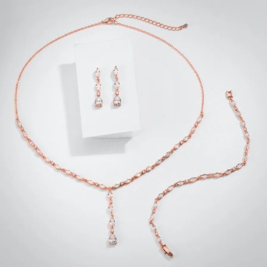 Wedding Jewelry - Silver Cubic Zirconia Bridal Three-Piece Jewelry Set - Available in Silver and Rose Gold