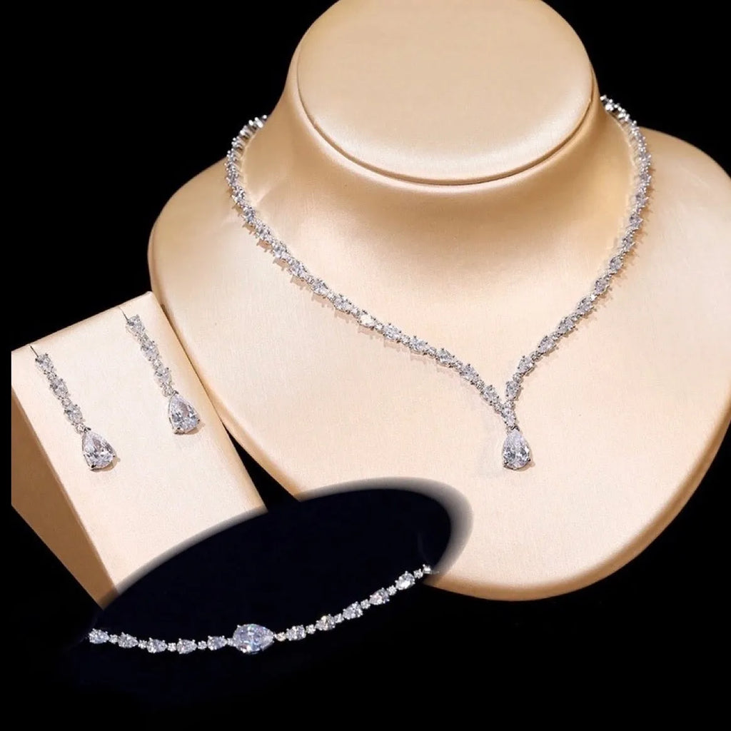 Wedding Jewelry - Silver Cubic Zirconia Bridal Three-Piece Jewelry Set