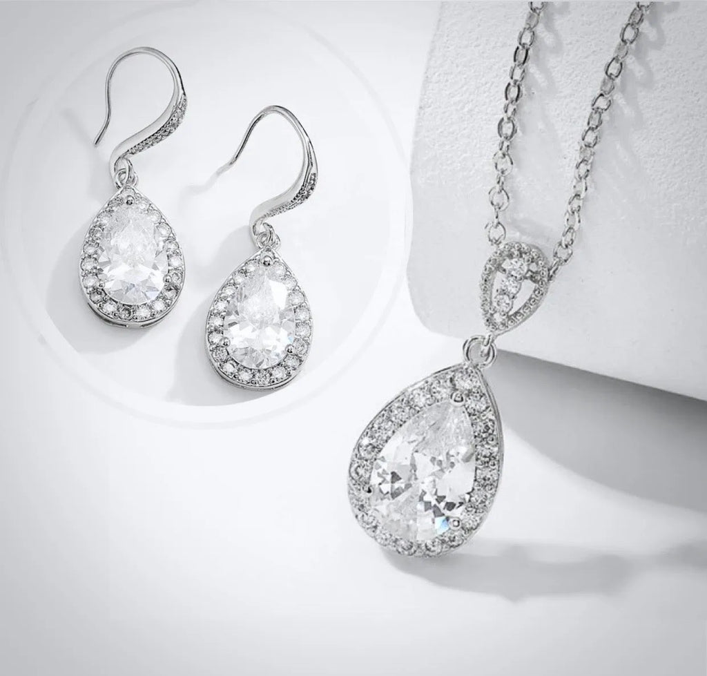 Wedding Jewelry - Pearl and Cubic Zirconia Bridal Necklace and Earrings Set - Available in Silver, Rose Gold and Yellow Gold 