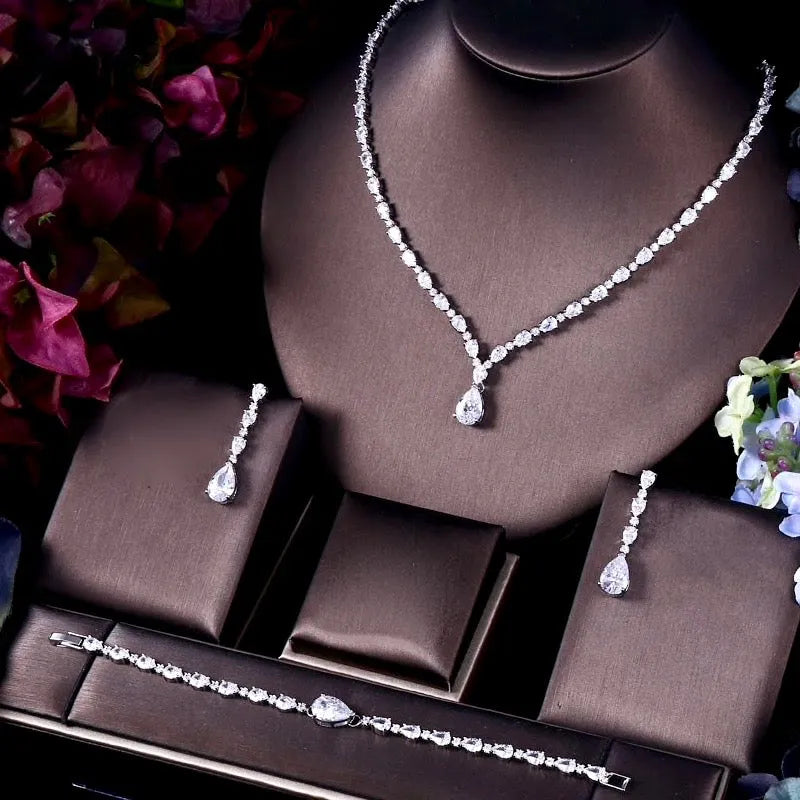 Wedding Jewelry - Silver Cubic Zirconia Bridal Three-Piece Jewelry Set