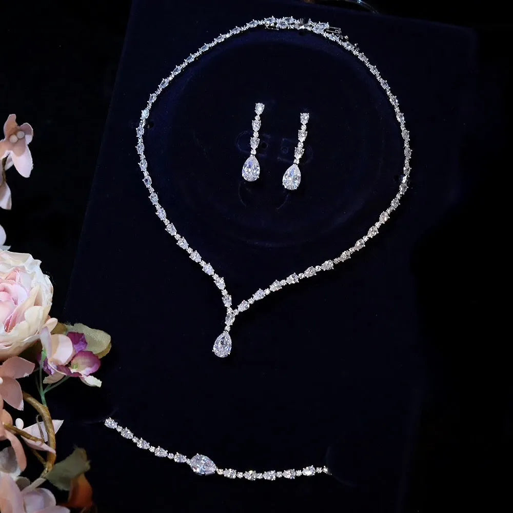 Wedding Jewelry - Silver Cubic Zirconia Bridal Three-Piece Jewelry Set
