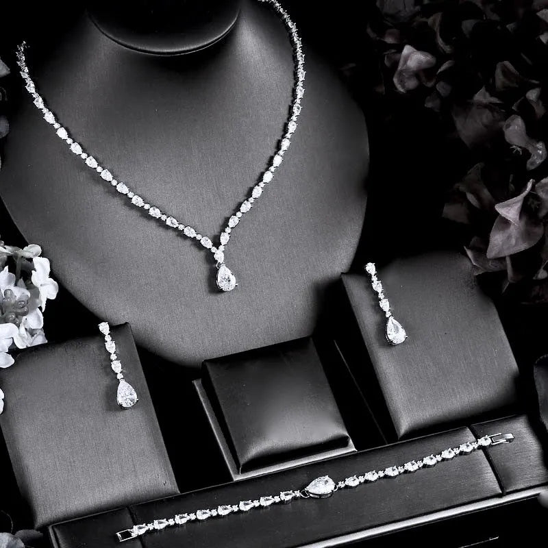 Wedding Jewelry - Silver Cubic Zirconia Bridal Three-Piece Jewelry Set