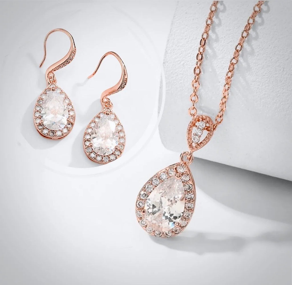 Wedding Jewelry - Pearl and Cubic Zirconia Bridal Necklace and Earrings Set - Available in Silver, Rose Gold and Yellow Gold 