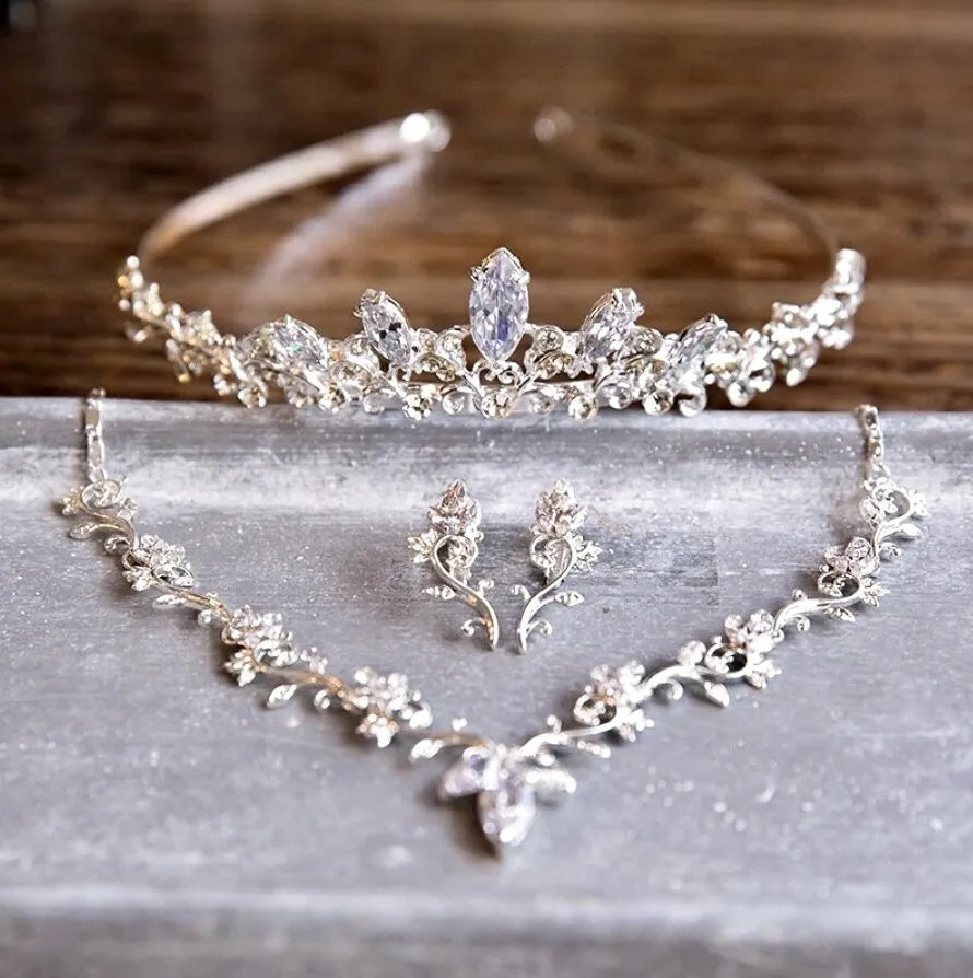 Wedding Jewelry - Silver Cubic Zirconia Bridal 3-Piece Jewelry Set With Tiara