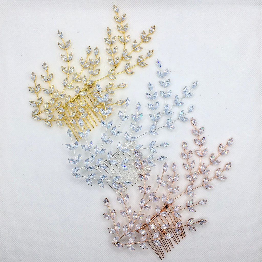 Wedding Hair Accessories - CZ Bridal Side Hair Comb - Available in Silver, Rose Gold and Yellow Gold