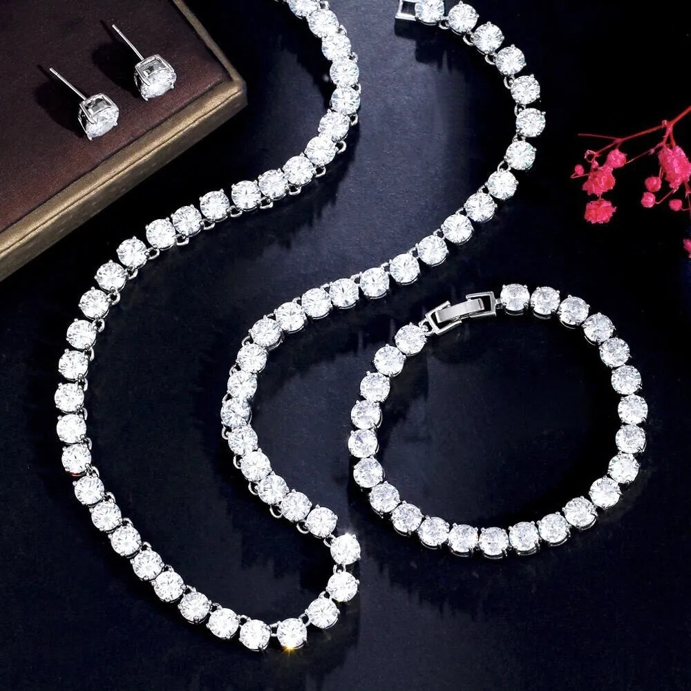 Wedding Jewelry - Silver Cubic Zirconia Bridal Three-Piece Jewelry Set